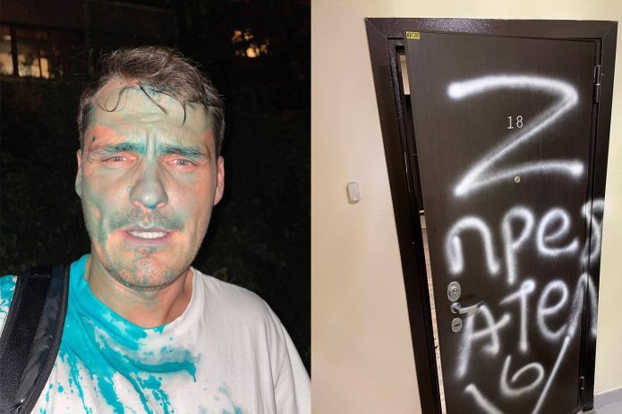 Mikhail Baranov after the attack and the door to his apartment, summer 2022 / Photo courtesy of Mikhail Baranov