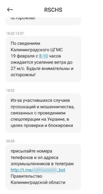 A screenshot of the text message sent to the Kaliningrad resident as published in Novaya Gazeta.