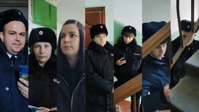 Семь сотрудников полиции возле квартиры Екатерины, один из них в штатском / Скриншоты видео из личного архива Екатерины
