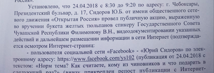 Кусок административного протокола Юрия Сидорова за вручение тюльпанов депутату Госсовета Чувашии / Фото: Юрий Сидоров